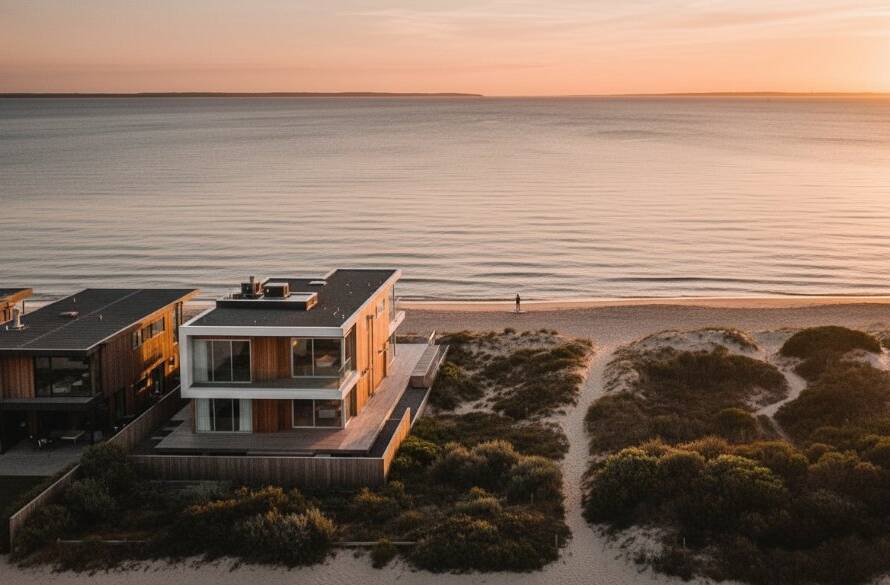 An aerial drone shot capturing an epic moment of a modern coastal home in Seaford, Victoria, bathed in golden hour light, with the pristine Seaford Beach and sparkling Port Phillip Bay in the background, showcasing the elevating Seaford real estate photography with captivating beach views.