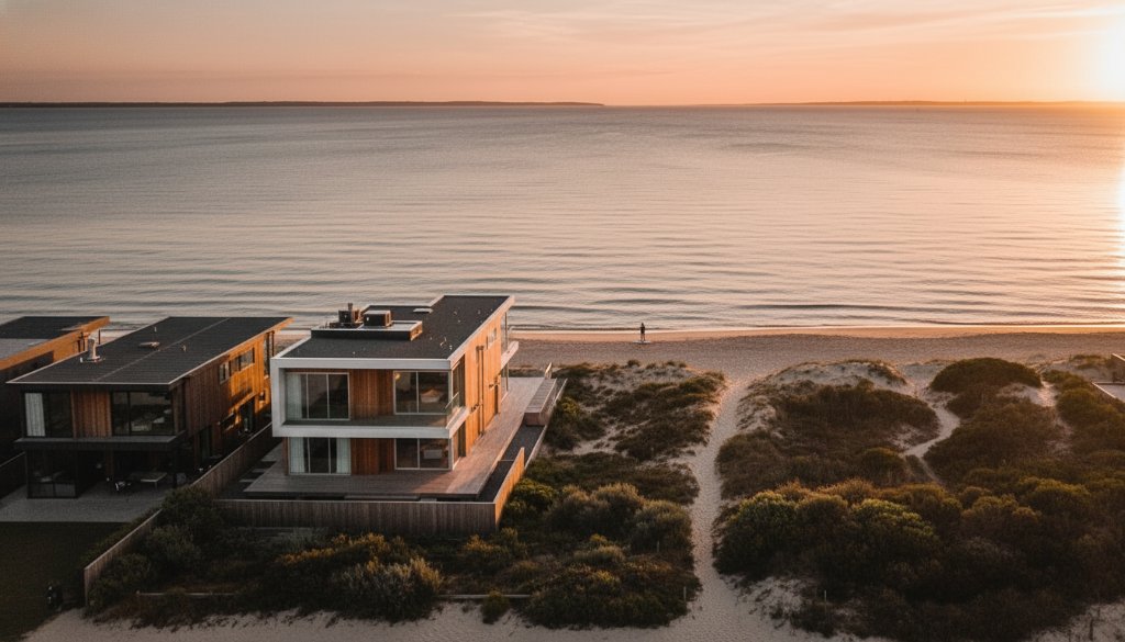 An aerial drone shot capturing an epic moment of a modern coastal home in Seaford, Victoria, bathed in golden hour light, with the pristine Seaford Beach and sparkling Port Phillip Bay in the background, showcasing the elevating Seaford real estate photography with captivating beach views.
