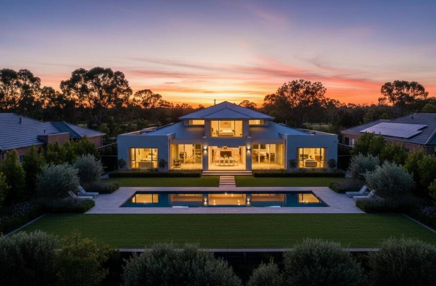 An aerial, cinematic twilight shot perfectly showcasing a luxurious, modern family home in Taylors Hill, Victoria, bathed in warm interior lights and soft streetlamp glow, framed by impeccably landscaped gardens at dusk. This image exemplifies Elevating Taylors Hill Property Listings with Premium Photography.