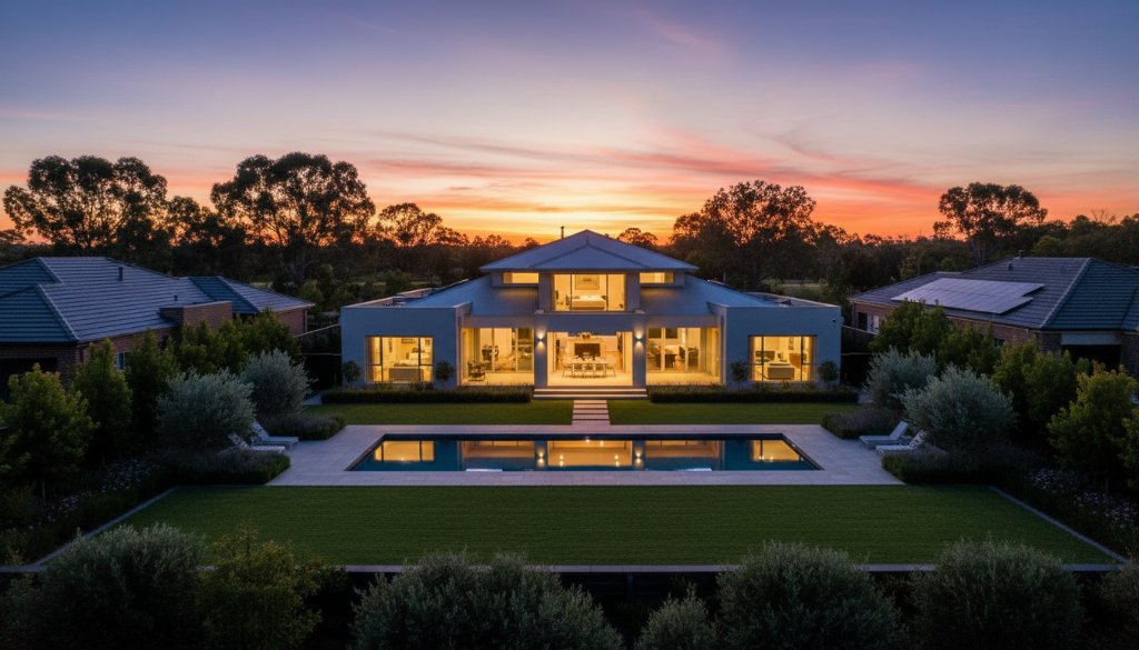 An aerial, cinematic twilight shot perfectly showcasing a luxurious, modern family home in Taylors Hill, Victoria, bathed in warm interior lights and soft streetlamp glow, framed by impeccably landscaped gardens at dusk. This image exemplifies Elevating Taylors Hill Property Listings with Premium Photography.