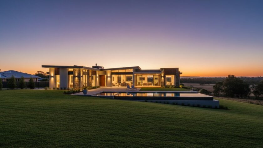 An 'epic moment' aerial shot of a beautifully lit modern home in Wallan at dusk, with the rolling hills of rural Victoria in the background, perfectly illustrating elevating Wallan property listings professional photography with dramatic flair.