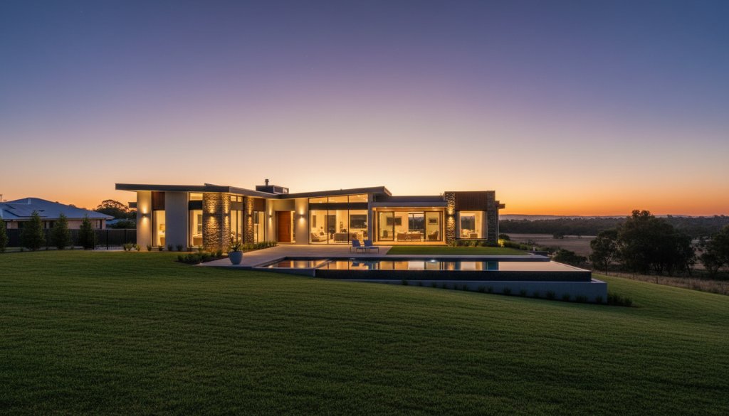An 'epic moment' aerial shot of a beautifully lit modern home in Wallan at dusk, with the rolling hills of rural Victoria in the background, perfectly illustrating elevating Wallan property listings professional photography with dramatic flair.