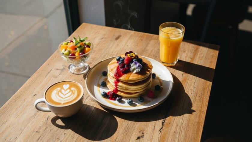 An exquisite overhead shot of a perfectly plated brunch dish, featuring avocado toast with poached eggs, garnished with microgreens and chilli flakes, set on a rustic wooden table in a sun-drenched Wantirna South cafe. The scene captures the vibrant colours and inviting textures, showcasing the artistry of Elevating Wantirna South Cafe Menus with Professional Food Photography, with natural light creating dramatic highlights and shadows.