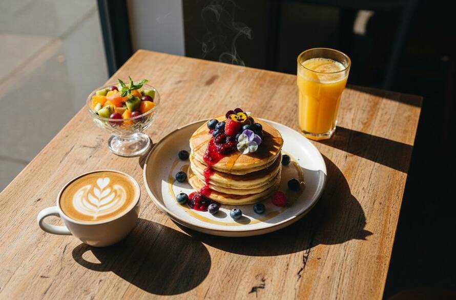 An exquisite overhead shot of a perfectly plated brunch dish, featuring avocado toast with poached eggs, garnished with microgreens and chilli flakes, set on a rustic wooden table in a sun-drenched Wantirna South cafe. The scene captures the vibrant colours and inviting textures, showcasing the artistry of Elevating Wantirna South Cafe Menus with Professional Food Photography, with natural light creating dramatic highlights and shadows.