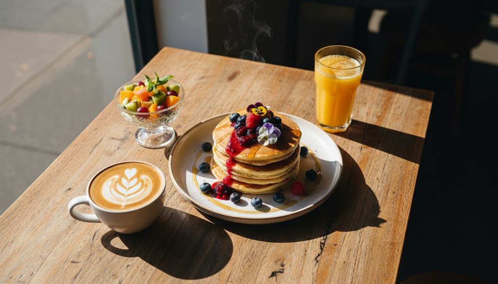 An exquisite overhead shot of a perfectly plated brunch dish, featuring avocado toast with poached eggs, garnished with microgreens and chilli flakes, set on a rustic wooden table in a sun-drenched Wantirna South cafe. The scene captures the vibrant colours and inviting textures, showcasing the artistry of Elevating Wantirna South Cafe Menus with Professional Food Photography, with natural light creating dramatic highlights and shadows.