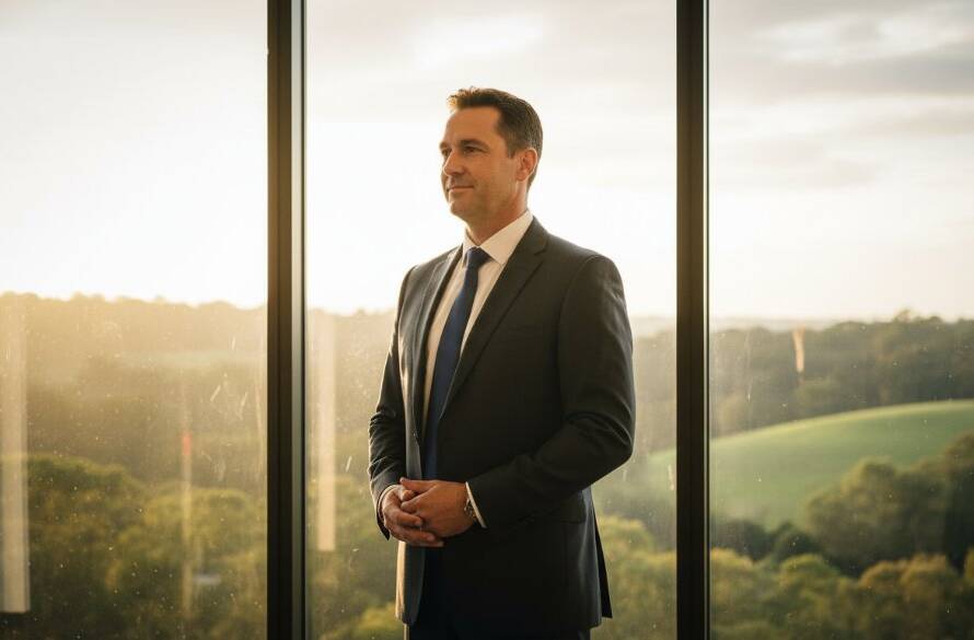 A dynamic and professional portrait showcasing a business leader against a softly blurred, modern Warrandyte South office backdrop, symbolizing success and the power of elevating Warrandyte South corporate headshots.