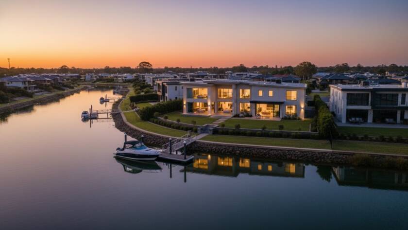 An epic moment photograph showcasing a luxurious waterfront home in Waterways, Victoria, Australia, at twilight, with golden hour light reflecting on the calm canals, perfectly capturing how elevating Waterways homes with professional photography Melbourne highlights elegance and lifestyle.