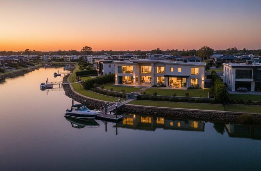 An epic moment photograph showcasing a luxurious waterfront home in Waterways, Victoria, Australia, at twilight, with golden hour light reflecting on the calm canals, perfectly capturing how elevating Waterways homes with professional photography Melbourne highlights elegance and lifestyle.