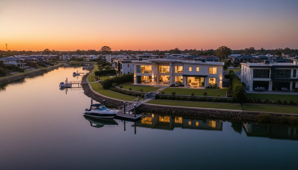 An epic moment photograph showcasing a luxurious waterfront home in Waterways, Victoria, Australia, at twilight, with golden hour light reflecting on the calm canals, perfectly capturing how elevating Waterways homes with professional photography Melbourne highlights elegance and lifestyle.