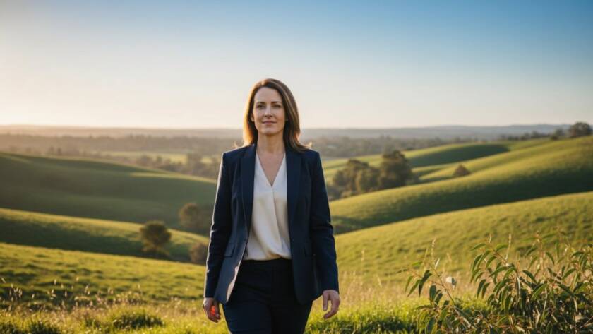 Elevating Wonga Park corporate profiles with authentic photography: A candid, dramatic shot of a successful business owner confidently striding through the Wonga Park landscape at golden hour, silhouetted against a setting sun, embodying leadership and innovation.