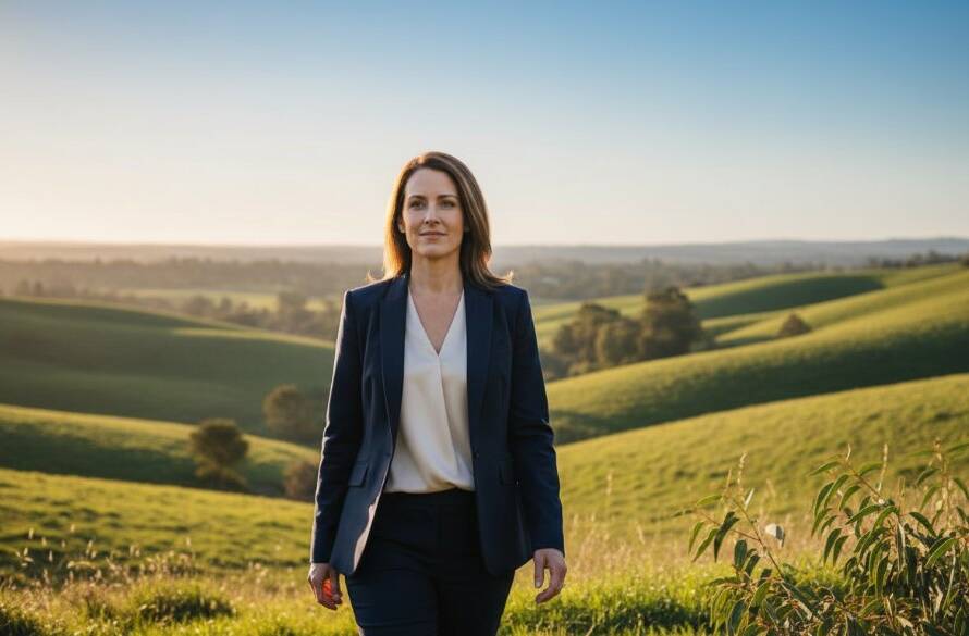Elevating Wonga Park corporate profiles with authentic photography: A candid, dramatic shot of a successful business owner confidently striding through the Wonga Park landscape at golden hour, silhouetted against a setting sun, embodying leadership and innovation.