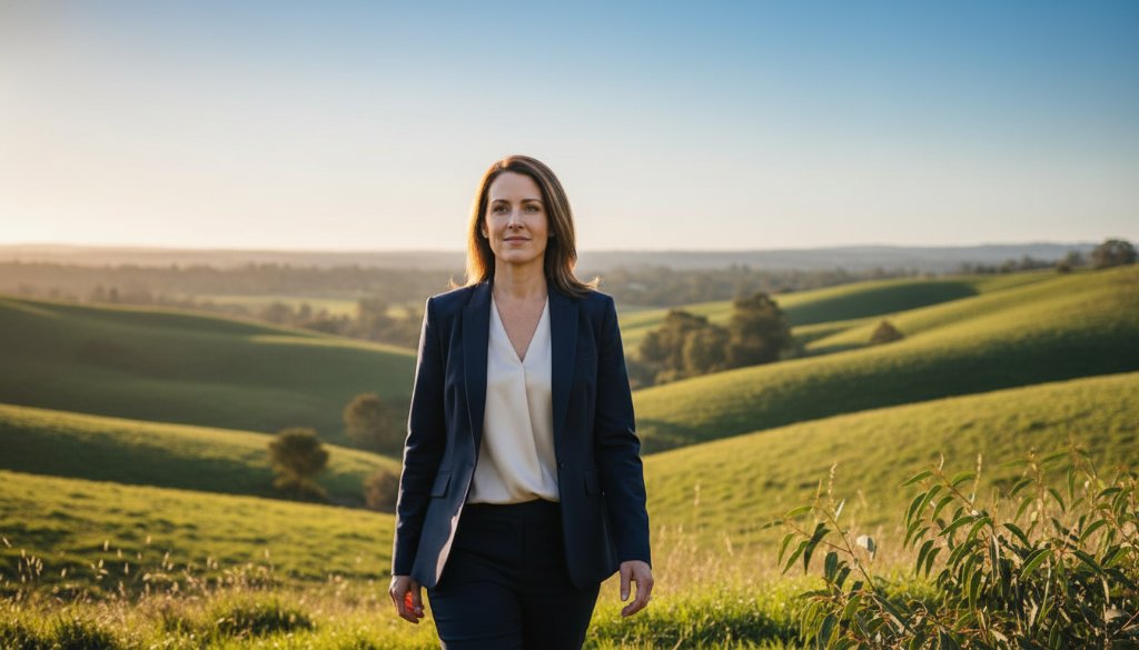 Elevating Wonga Park corporate profiles with authentic photography: A candid, dramatic shot of a successful business owner confidently striding through the Wonga Park landscape at golden hour, silhouetted against a setting sun, embodying leadership and innovation.