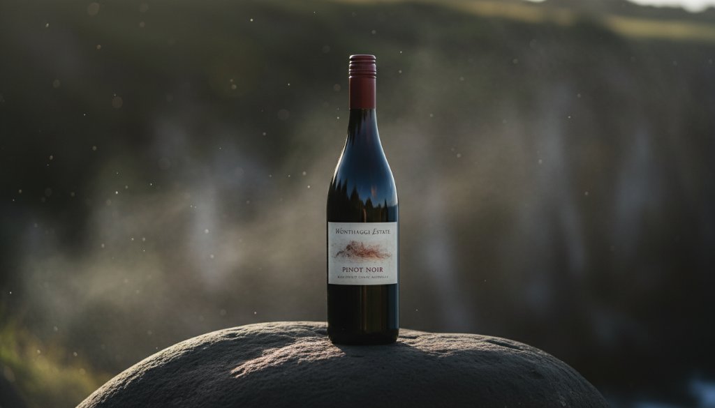 A dramatically lit, professionally colour-graded photograph showcasing artisan pottery from a Wonthaggi local business, placed on a weathered timber table with the Bass Strait coastline subtly blurred in the background, symbolising the power of elevating Wonthaggi product photography for online sales.