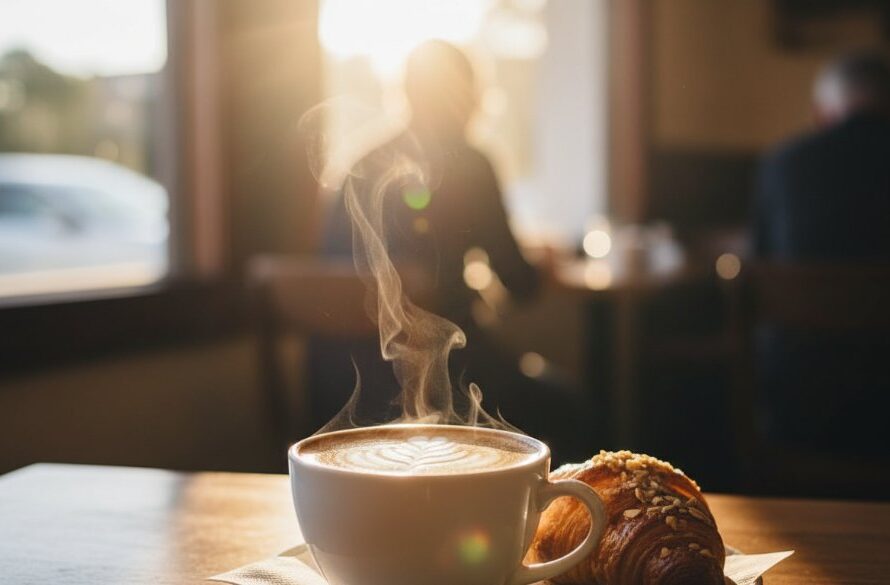 A professional, dramatically lit photograph Elevating Woodend Cafe Menu Photography Victoria, featuring a perfectly styled artisan coffee and a freshly baked scone on a rustic wooden table in a sun-drenched Woodend cafe, with steam rising delicately.