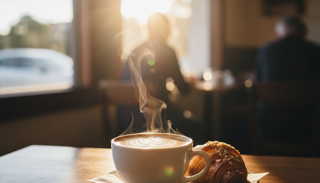 A professional, dramatically lit photograph Elevating Woodend Cafe Menu Photography Victoria, featuring a perfectly styled artisan coffee and a freshly baked scone on a rustic wooden table in a sun-drenched Woodend cafe, with steam rising delicately.
