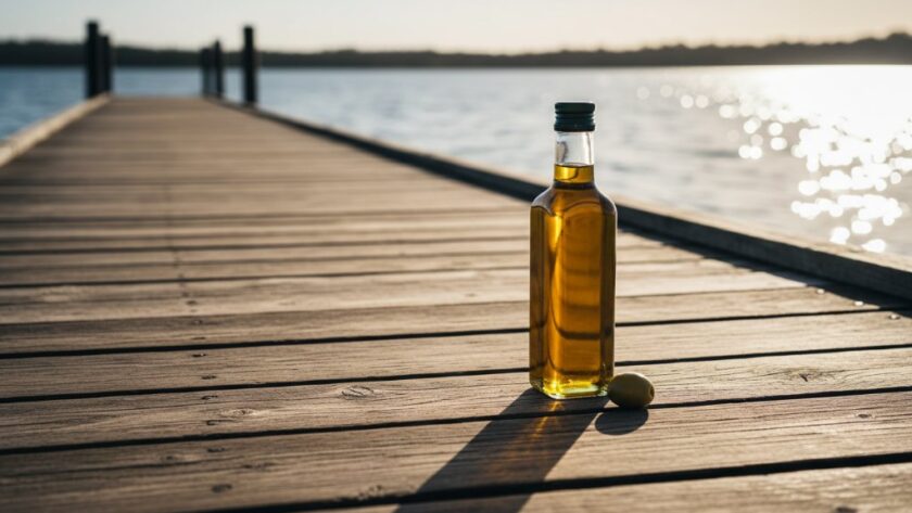 A dramatic close-up of a handcrafted gourmet olive oil product from Yarrawonga, beautifully lit against a natural backdrop of Lake Mulwala, showcasing the artisan quality, representing elevating Yarrawonga brands with professional product photography.