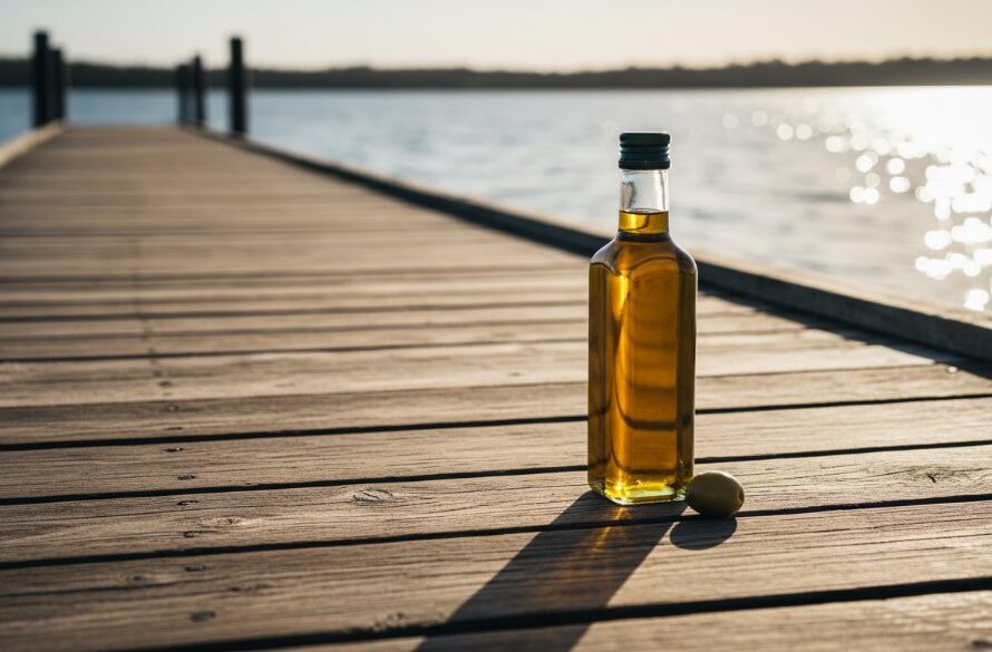 A dramatic close-up of a handcrafted gourmet olive oil product from Yarrawonga, beautifully lit against a natural backdrop of Lake Mulwala, showcasing the artisan quality, representing elevating Yarrawonga brands with professional product photography.