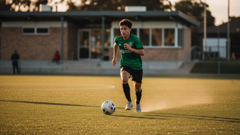 An epic moment captured in elite sports action photography Burwood East Victoria, showing a soccer player mid-air, scoring a dramatic goal under stadium lights, with blurred motion and vibrant colours, celebrating peak athleticism and determination.