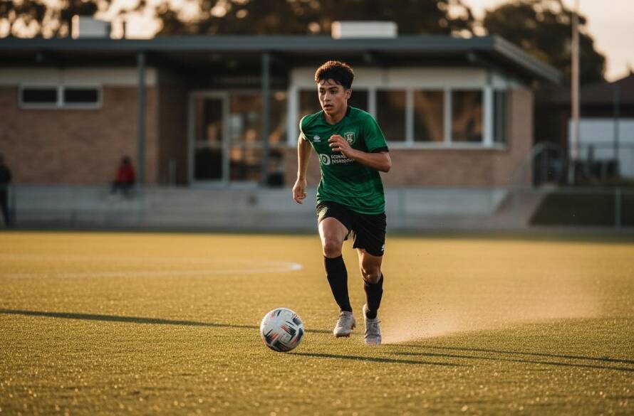 An epic moment captured in elite sports action photography Burwood East Victoria, showing a soccer player mid-air, scoring a dramatic goal under stadium lights, with blurred motion and vibrant colours, celebrating peak athleticism and determination.