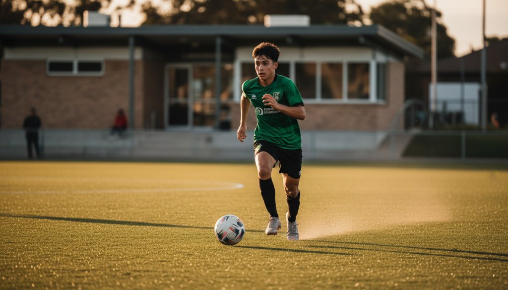 An epic moment captured in elite sports action photography Burwood East Victoria, showing a soccer player mid-air, scoring a dramatic goal under stadium lights, with blurred motion and vibrant colours, celebrating peak athleticism and determination.