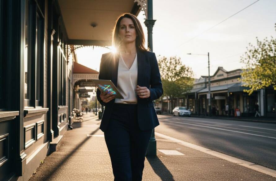 A dynamic, high-angle shot capturing the energy of an Elsternwick advertising photography impactful visuals campaign, featuring a stylish model interacting with a beautifully designed product amidst the vibrant streetscape of Glen Huntly Road, bathed in dramatic late afternoon sunlight, evoking a sense of modern urban elegance and aspirational living.