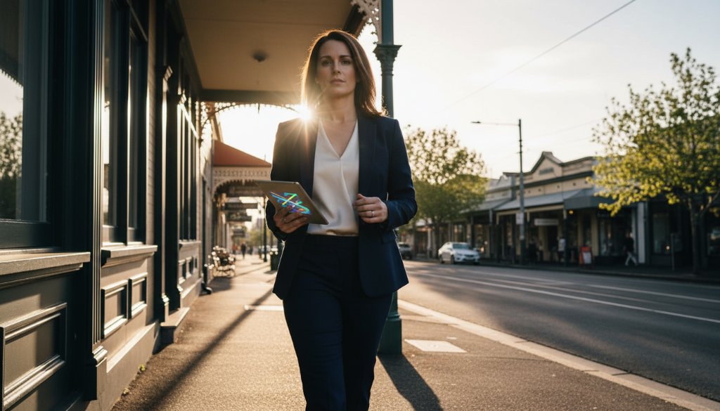 A dynamic, high-angle shot capturing the energy of an Elsternwick advertising photography impactful visuals campaign, featuring a stylish model interacting with a beautifully designed product amidst the vibrant streetscape of Glen Huntly Road, bathed in dramatic late afternoon sunlight, evoking a sense of modern urban elegance and aspirational living.