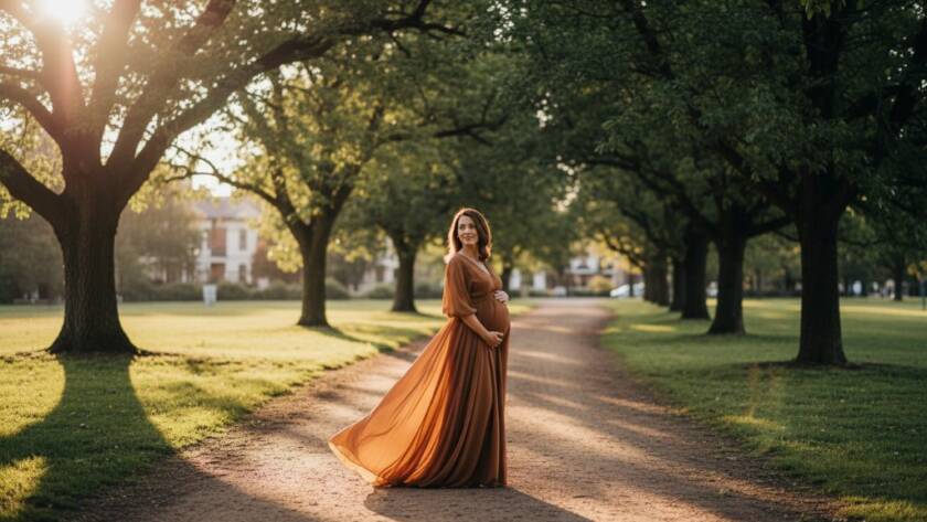 A glowing mother-to-be, silhouetted against a dramatic Elsternwick park sunset, showcasing an Elsternwick bespoke maternity photoshoot experience. Her hands gently cradle her baby bump, with soft, golden hour light creating a cinematic, epic moment. The scene captures pure joy and anticipation.