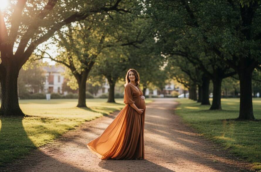 A glowing mother-to-be, silhouetted against a dramatic Elsternwick park sunset, showcasing an Elsternwick bespoke maternity photoshoot experience. Her hands gently cradle her baby bump, with soft, golden hour light creating a cinematic, epic moment. The scene captures pure joy and anticipation.