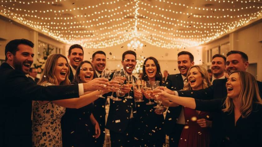 An Elsternwick birthday party photographer capturing candid joy: a vibrant, wide-angle shot of guests laughing and raising glasses in a beautifully decorated Elsternwick venue, confetti gently falling, bathed in warm, dramatic fairy light glow, an epic moment of celebration.