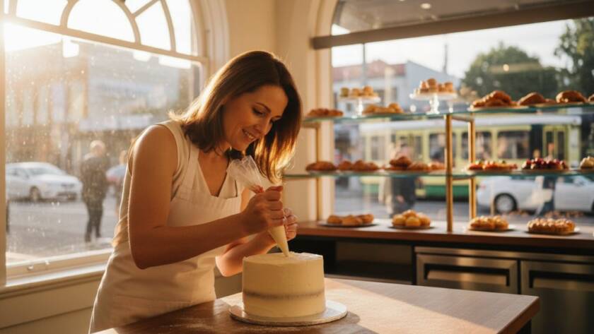 Epic wide shot showcasing professional Elsternwick business branding photography: a creative barista expertly pouring latte art in a sunlit Elsternwick cafe, capturing the vibrant local business energy with dramatic lighting and professional colour grading.