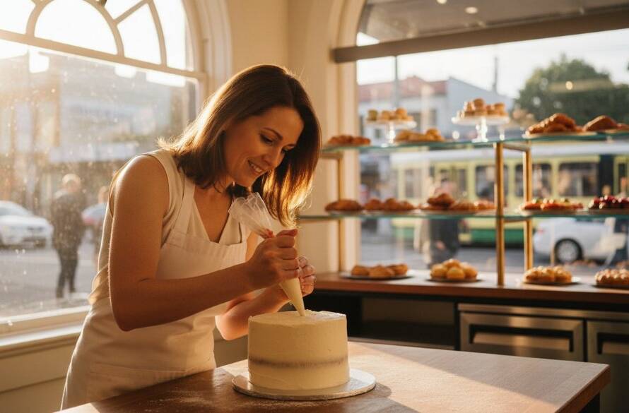Epic wide shot showcasing professional Elsternwick business branding photography: a creative barista expertly pouring latte art in a sunlit Elsternwick cafe, capturing the vibrant local business energy with dramatic lighting and professional colour grading.