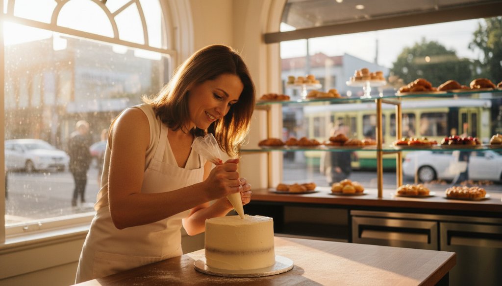 Epic wide shot showcasing professional Elsternwick business branding photography: a creative barista expertly pouring latte art in a sunlit Elsternwick cafe, capturing the vibrant local business energy with dramatic lighting and professional colour grading.