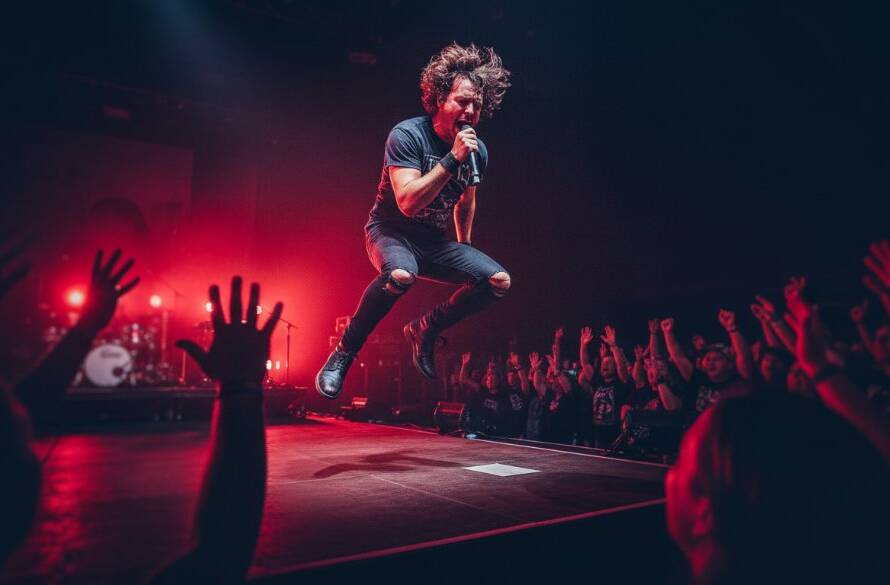 An energetic lead singer mid-jump on stage, bathed in vibrant red and blue stage lights, with a cheering crowd silhouetted in the foreground, perfectly showcasing Elsternwick concert photography capturing electrifying live music moments.