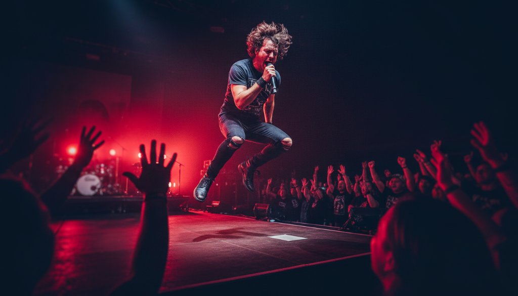 An energetic lead singer mid-jump on stage, bathed in vibrant red and blue stage lights, with a cheering crowd silhouetted in the foreground, perfectly showcasing Elsternwick concert photography capturing electrifying live music moments.
