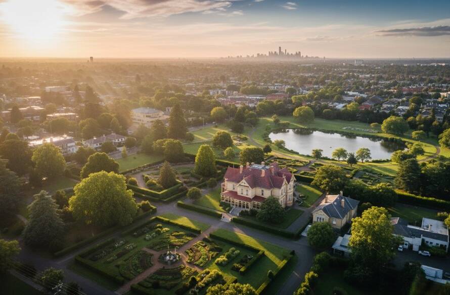 An epic aerial view captured by Elsternwick Drone Photography Captures Unique Views, showcasing the historic Rippon Lea Estate bathed in the warm glow of a golden hour sunset, with a drone subtly visible in the distance.