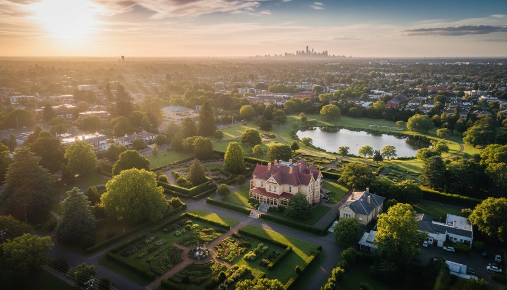An epic aerial view captured by Elsternwick Drone Photography Captures Unique Views, showcasing the historic Rippon Lea Estate bathed in the warm glow of a golden hour sunset, with a drone subtly visible in the distance.