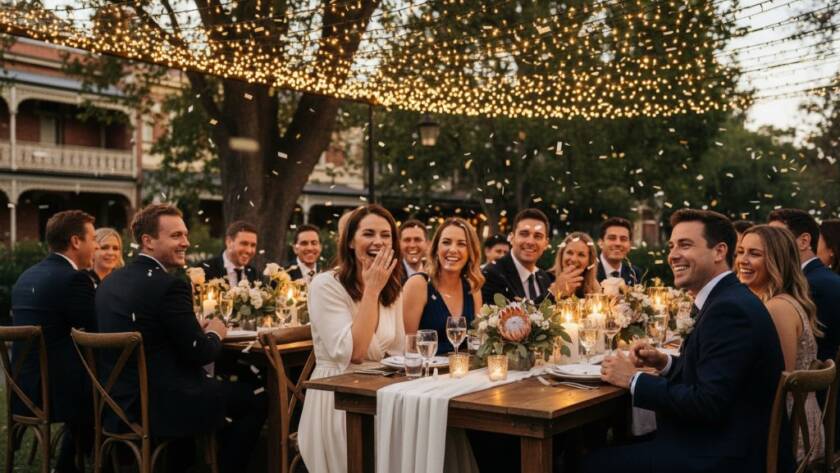 An Elsternwick event photography Melbourne real moments shot: A candid, joyful group of guests laughing under fairy lights at an outdoor evening celebration in Elsternwick, captured with dramatic, warm backlighting and professional colour grading.