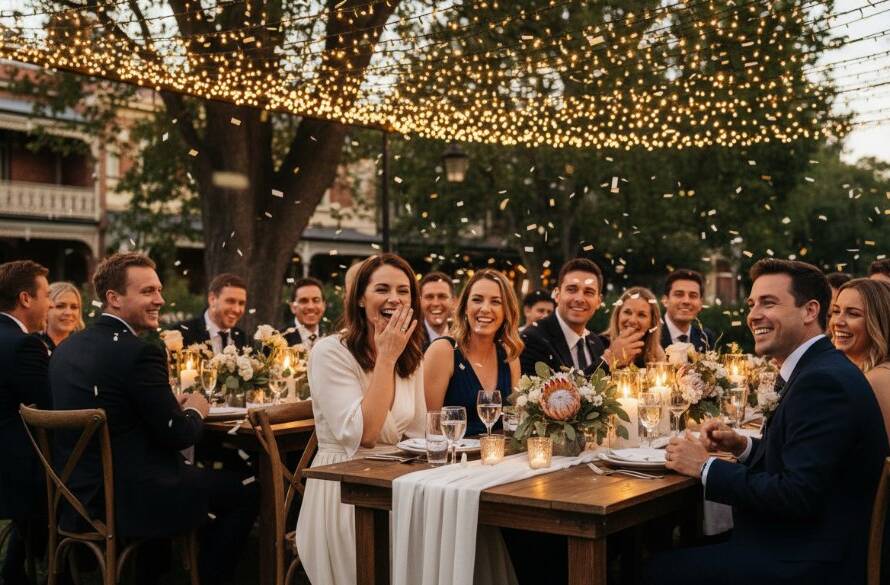 An Elsternwick event photography Melbourne real moments shot: A candid, joyful group of guests laughing under fairy lights at an outdoor evening celebration in Elsternwick, captured with dramatic, warm backlighting and professional colour grading.