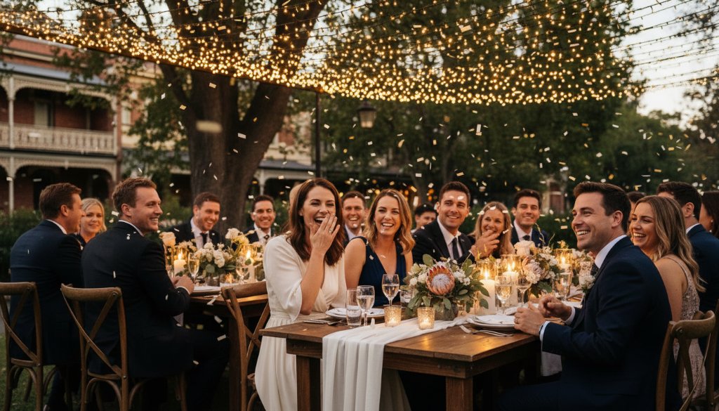 An Elsternwick event photography Melbourne real moments shot: A candid, joyful group of guests laughing under fairy lights at an outdoor evening celebration in Elsternwick, captured with dramatic, warm backlighting and professional colour grading.
