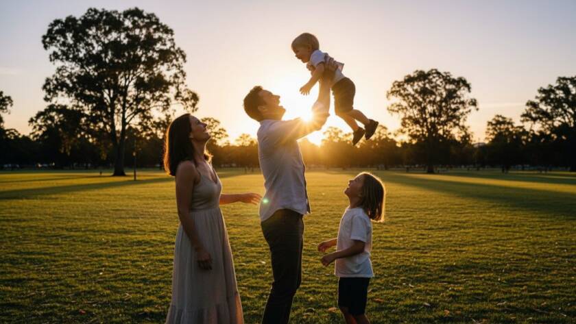 Elsternwick family photography heartfelt outdoor portraits capturing a joyous family of four silhouetted against a golden sunset in a lush Elsternwick park, laughing as the father playfully lifts his child.