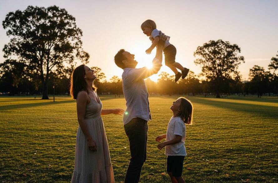 Elsternwick family photography heartfelt outdoor portraits capturing a joyous family of four silhouetted against a golden sunset in a lush Elsternwick park, laughing as the father playfully lifts his child.
