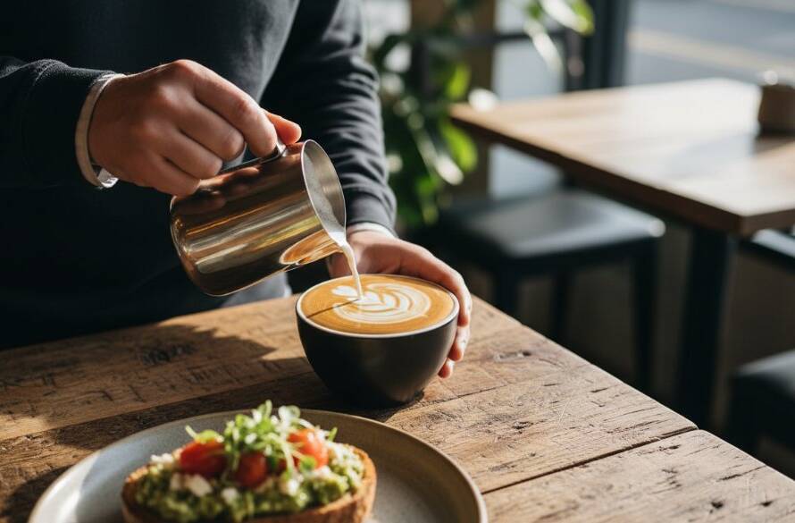 Dynamic, overhead shot of a perfectly plated brunch dish, possibly avocado toast with a poached egg, captured with dramatic morning light streaming into a stylish Elsternwick cafe, showcasing the artistry of Elsternwick food photography for cafes with a blurred barista in the background.