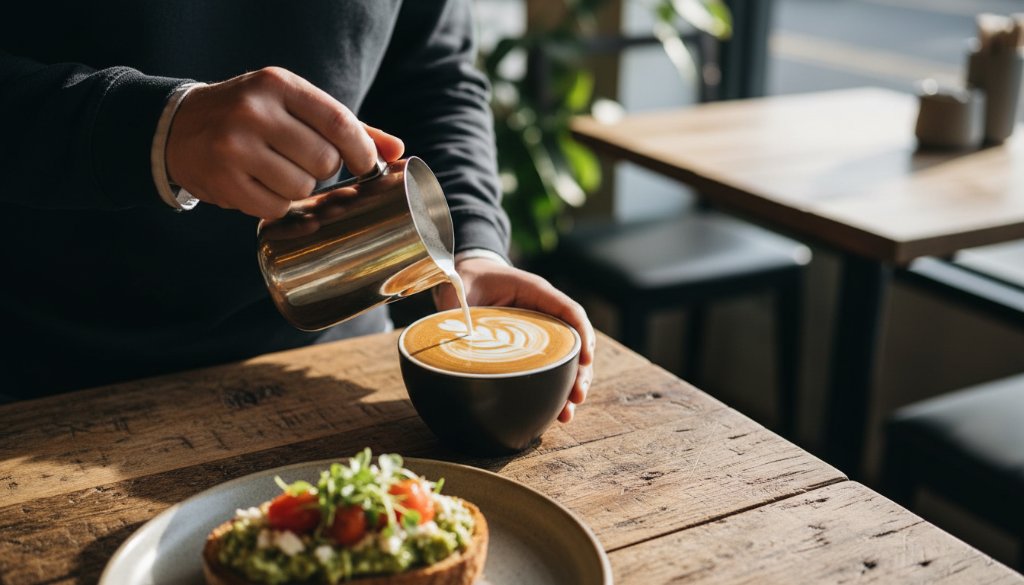 Dynamic, overhead shot of a perfectly plated brunch dish, possibly avocado toast with a poached egg, captured with dramatic morning light streaming into a stylish Elsternwick cafe, showcasing the artistry of Elsternwick food photography for cafes with a blurred barista in the background.