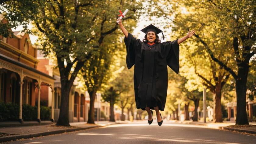 An ecstatic graduate in academic regalia, holding their diploma high against the vibrant, leafy backdrop of Elsternwick, joyfully captured through professional Elsternwick graduation photography celebrating academic success, with dramatic golden hour lighting.