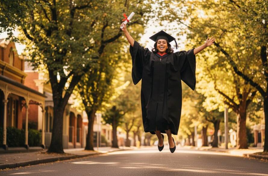 An ecstatic graduate in academic regalia, holding their diploma high against the vibrant, leafy backdrop of Elsternwick, joyfully captured through professional Elsternwick graduation photography celebrating academic success, with dramatic golden hour lighting.