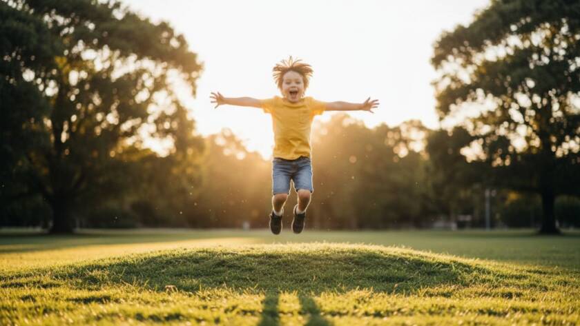An epic moment of Elsternwick kids photography candid moments, showing a child laughing joyfully mid-air on a swing in a sun-drenched Elsternwick park, captured with dramatic lighting and professional colour grading.
