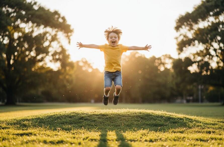 An epic moment of Elsternwick kids photography candid moments, showing a child laughing joyfully mid-air on a swing in a sun-drenched Elsternwick park, captured with dramatic lighting and professional colour grading.