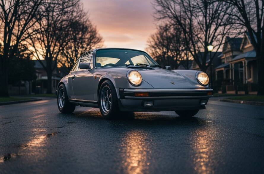 Dramatic low-angle shot of a gleaming classic luxury car cruising down a tree-lined street in Elsternwick at sunset, highlighting its elegant curves and reflective paintwork, showcasing expert Elsternwick luxury car photography services Melbourne.