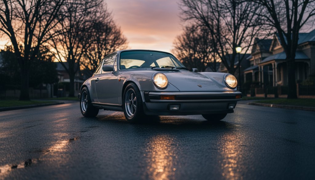 Dramatic low-angle shot of a gleaming classic luxury car cruising down a tree-lined street in Elsternwick at sunset, highlighting its elegant curves and reflective paintwork, showcasing expert Elsternwick luxury car photography services Melbourne.
