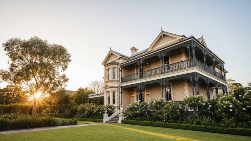 Professional wide-angle shot showcasing the sun-drenched grand entrance and manicured gardens of an Elsternwick luxury real estate property, perfectly framed for 'Elsternwick luxury real estate photography for agents' marketing.